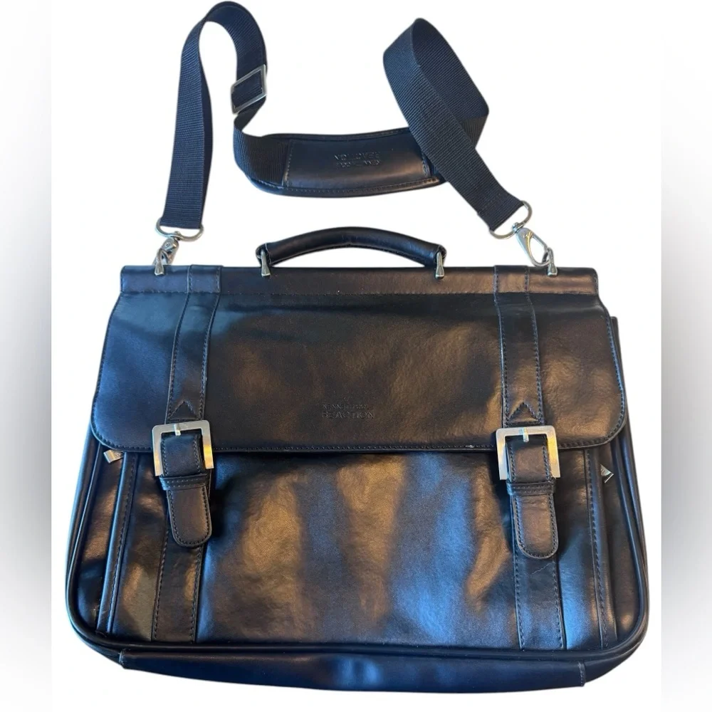 High End Kenneth Cole Reaction Men's Black Leather Briefcase Laptop Bag MINTY